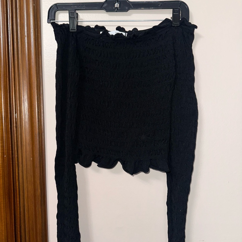 Zara Black Smocked Off-Shoulder Long Sleeve Top